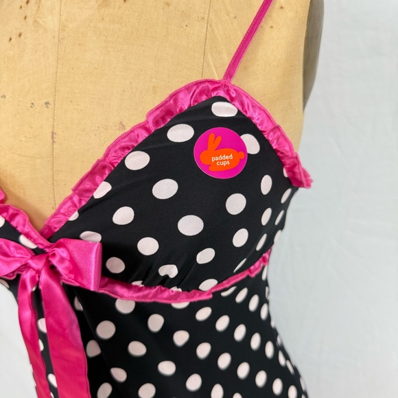 jenni by Jennifer Moore Black Nighty Polka Dots Pink Satin Trim Size Small - Picture 3 of 12